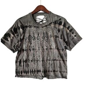 AFFLICTION Women Distressed Tie Dye Graphic T Shirt Cut Out Ripped Gray L/XL
